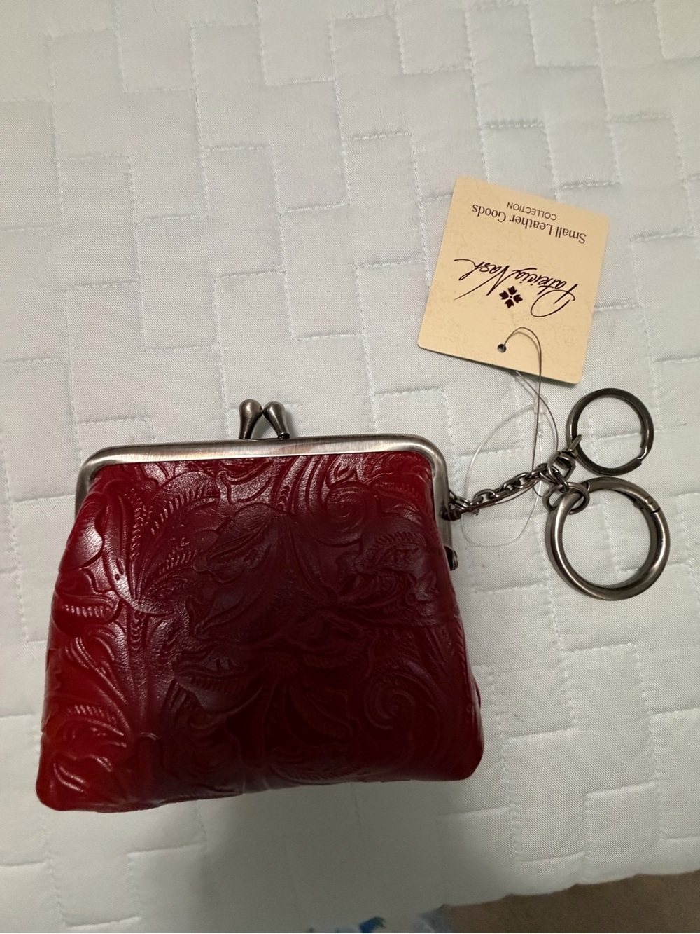 Patricia Nash Red Embossed Leather Coin Purse with silver pewter Keyring
